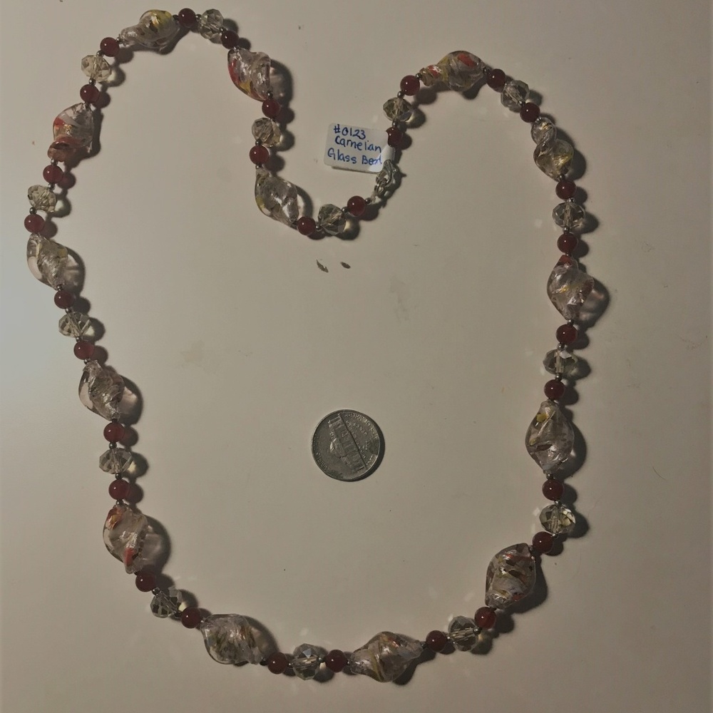 Carnelian and Twisted Glass Bead Necklace- Handmad